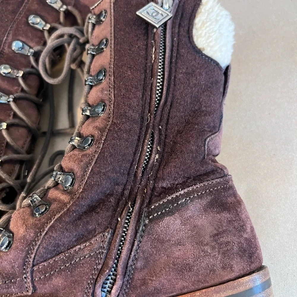 Chanel Brown Suede Leather CC Logo Shearling Combat Lace Boots Size EU 36 US 5.5